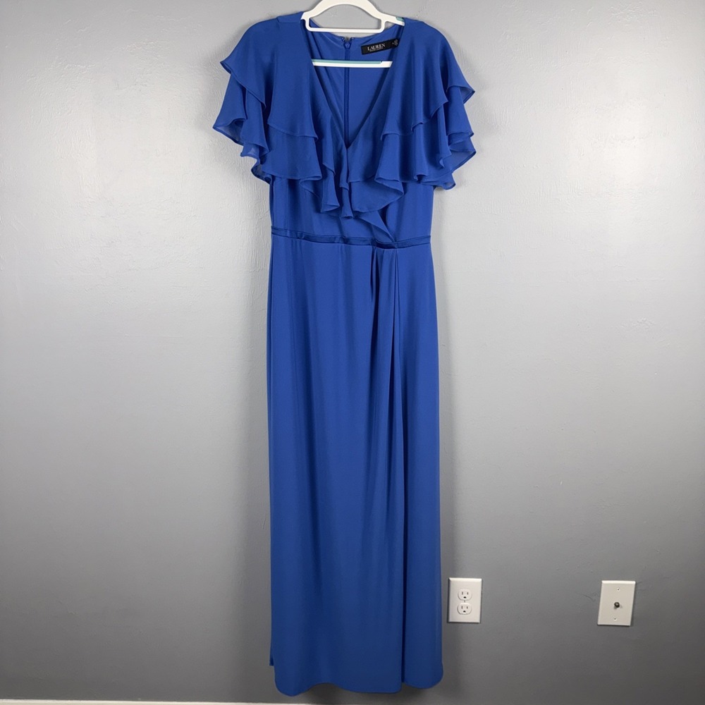 Lauren Ralph Lauren Cascade Ruffle Maxi Evening Dress Sz 8 Blue *READ